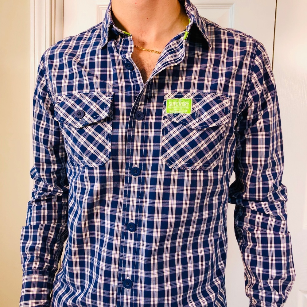 Superdry Blue Check Long Sleeve Washbasket Shirt S - Picture 2 of 8